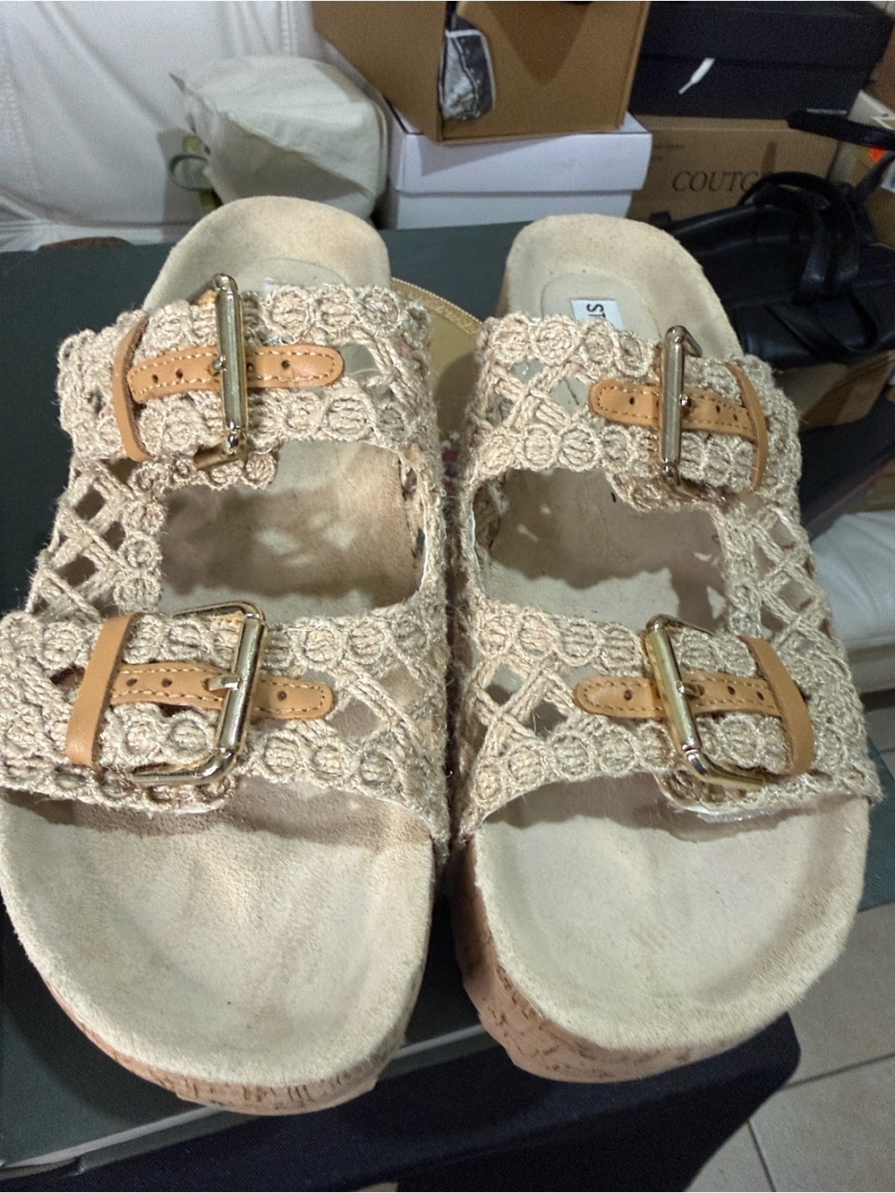 Steve Madden Crochet Double-Buckle Cork Footbed Sandals in Beige - Picture 4 of 5